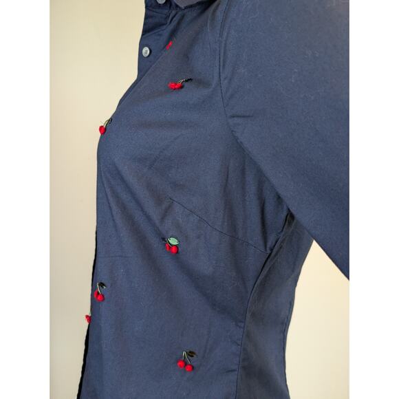J Crew Womens Button Down Shirt 8 Slim Navy Red 3D Cherry Pom Pom Embroidery - Picture 7 of 10